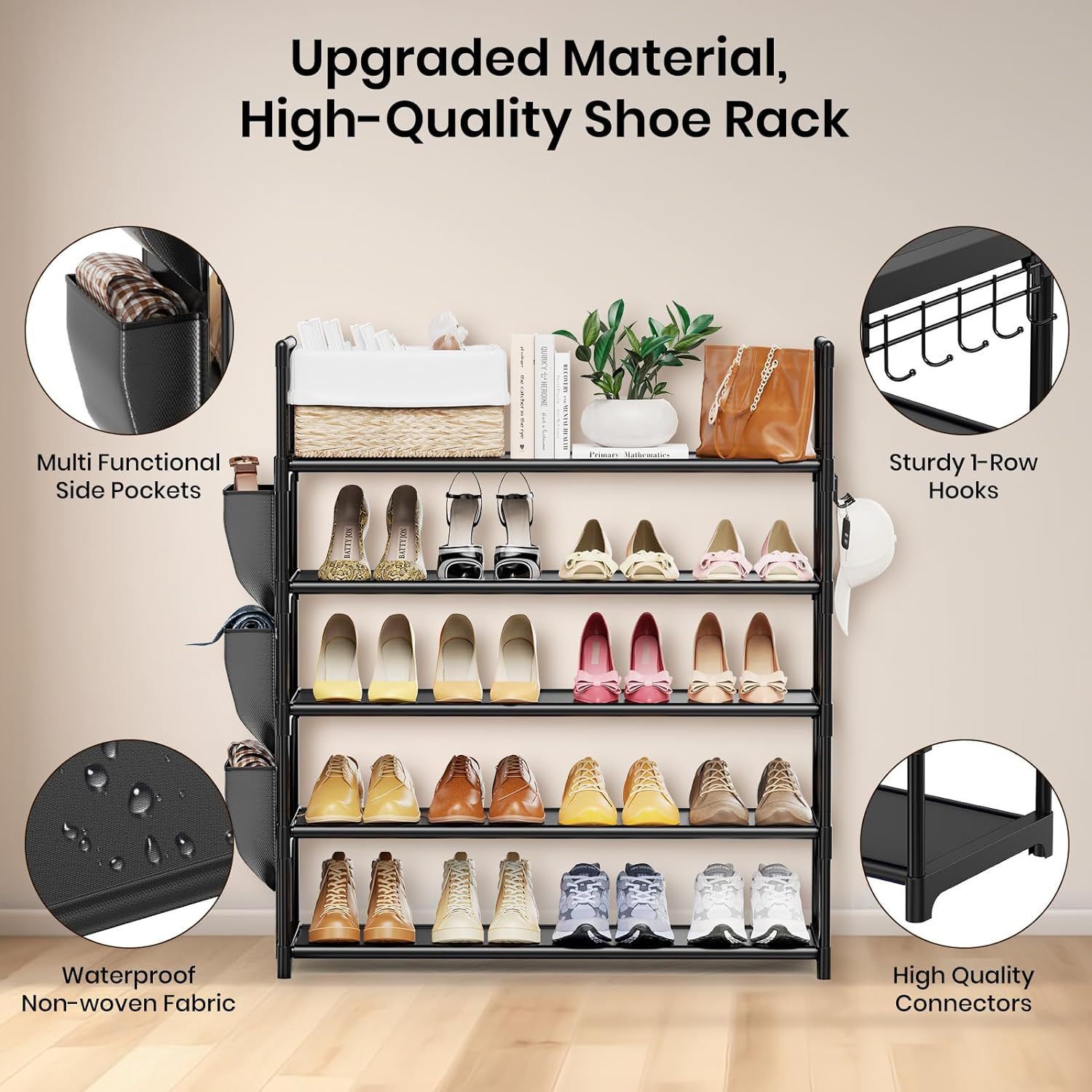 Jaza Keja 5 Layer Shoes Rack with Side Storage Bag Shoe Organizer Storage 20-25 Pairs Entryway Shoe Holder
