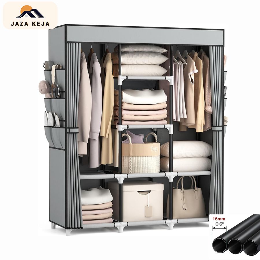 Jaza Keja 16mm 3 Columns Portable Wardrobe Hanging Clothes Closet 2 Hanging Rods 6 Storage Shelves Side Pocket Metal Pipe Sturdy Free Standing Closet for Bedroom
