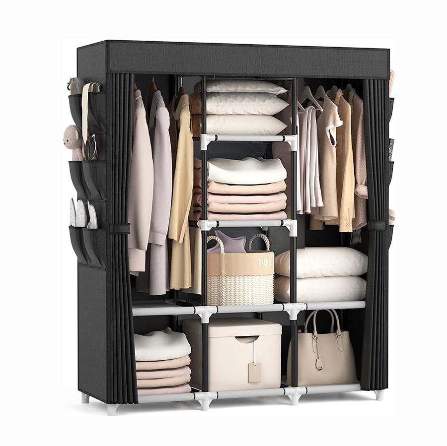 Jaza Keja 16mm 3 Columns Portable Wardrobe Hanging Clothes Closet 2 Hanging Rods 6 Storage Shelves Side Pocket Metal Pipe Sturdy Free Standing Closet for Bedroom