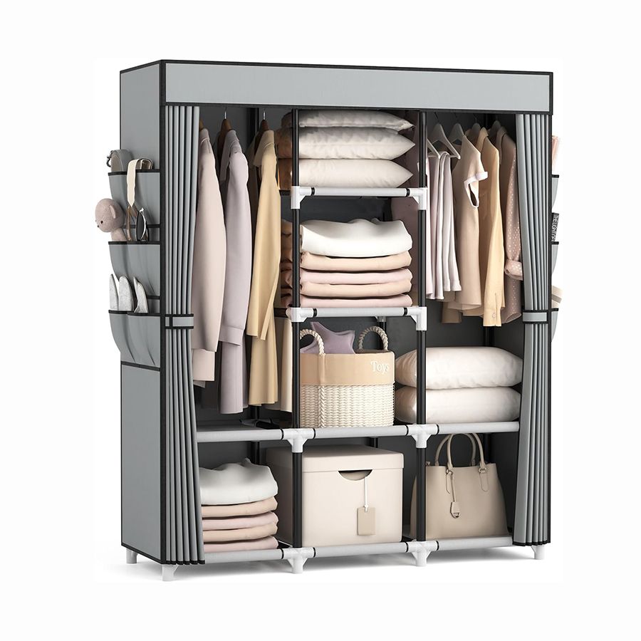 Jaza Keja 16mm 3 Columns Portable Wardrobe Hanging Clothes Closet 2 Hanging Rods 6 Storage Shelves Side Pocket Metal Pipe Sturdy Free Standing Closet for Bedroom