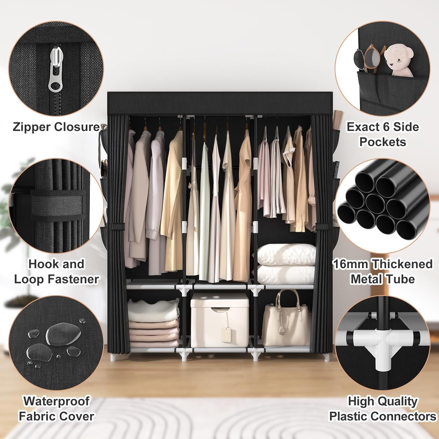 Jaza Keja 16mm 3 Columns Portable Wardrobe Hanging Clothes Closet 2 Hanging Rods 6 Storage Shelves Side Pocket Metal Pipe Sturdy Free Standing Closet for Bedroom