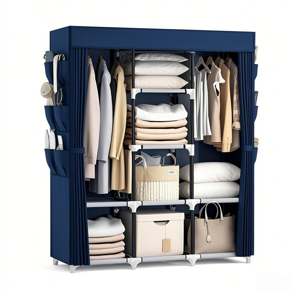 Jaza Keja 16mm 3 Columns Portable Wardrobe Hanging Clothes Closet 2 Hanging Rods 6 Storage Shelves Side Pocket Metal Pipe Sturdy Free Standing Closet for Bedroom