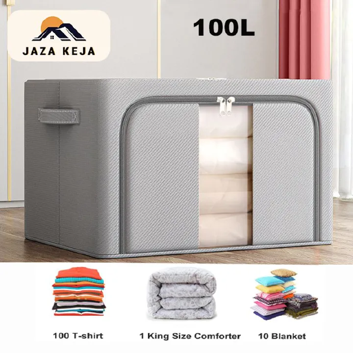 Jaza Keja 1PC 100L Foldable Clothes Storage Bins Box Stackable Metal Frame Closet Organizer Clear Window Thick Fabric for Seasonal Clothing