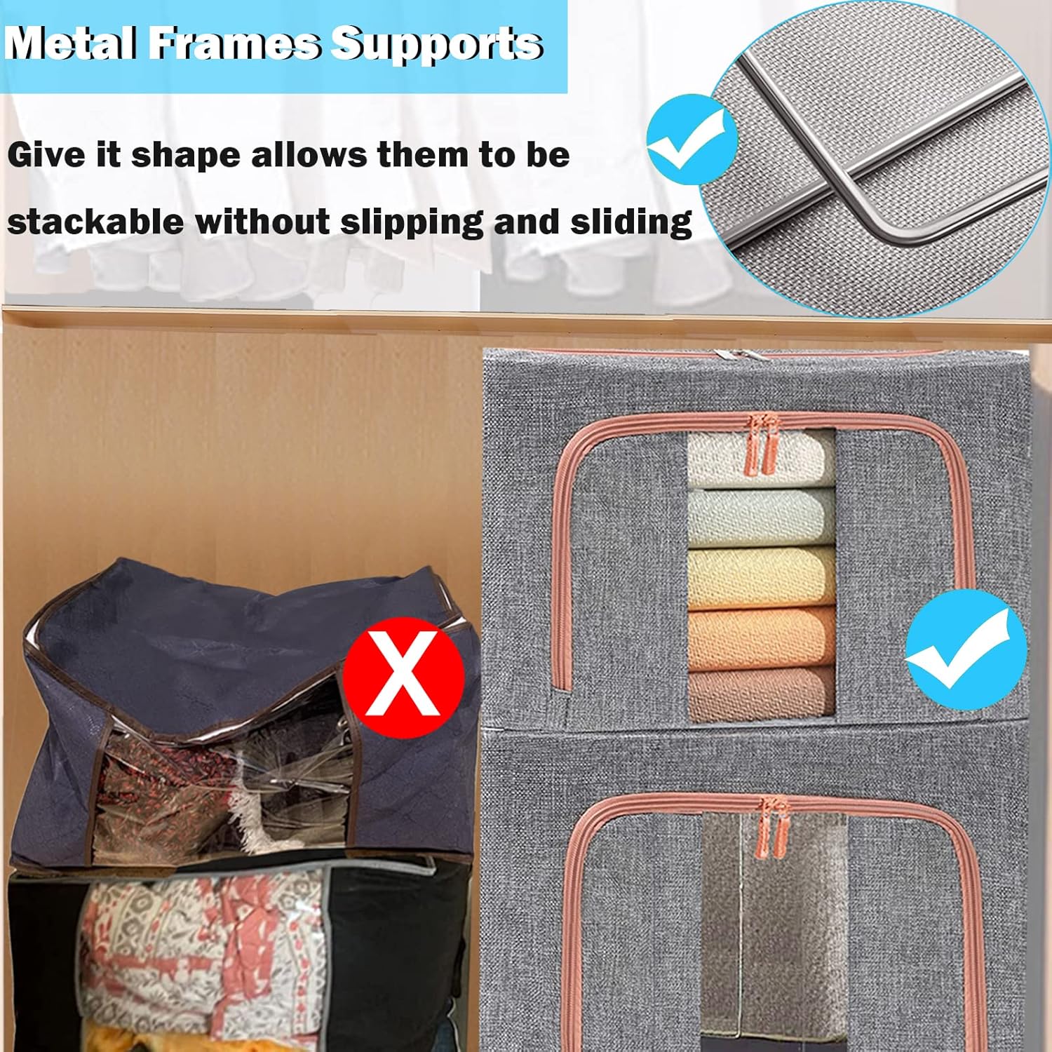 Jaza Keja 1PC 100L Foldable Clothes Storage Bins Box Stackable Metal Frame Closet Organizer Clear Window Thick Fabric for Seasonal Clothing
