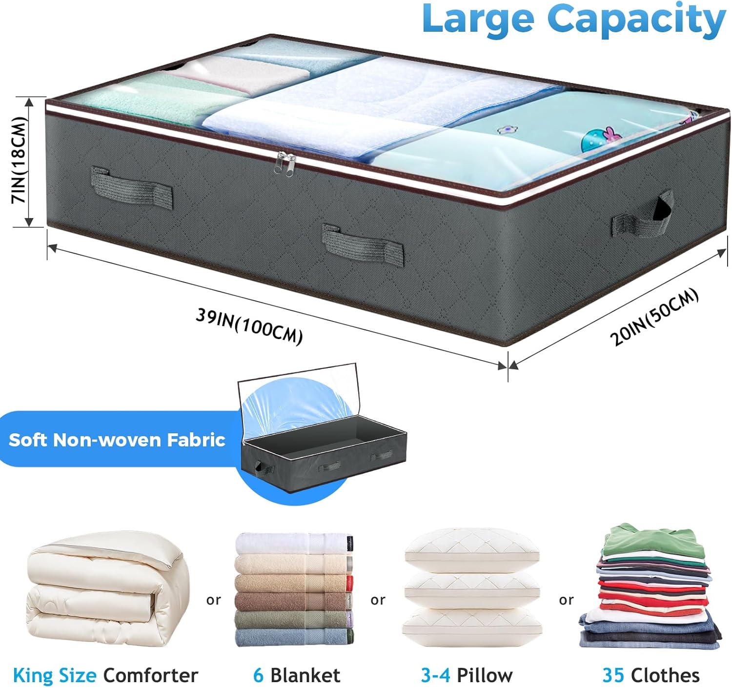 Jaza Keja 1PC 90L Under Bed Storage Containers Closet Organizers Storage Bins Foldable Underbed Storage Bags for Blankets, Towels, Comforter, Sweaters, Pillows, Linen Sheets, Wrapping Paper