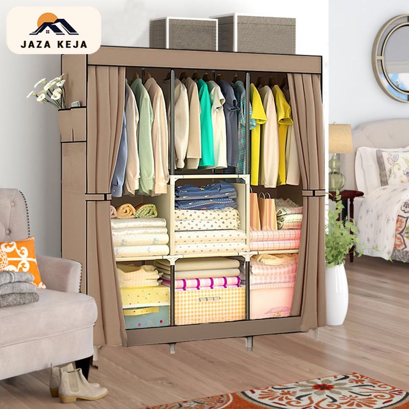 【Promotions】Jaza Keja 105cm Portable 3 Columns Wardrobe Closet Clothes Metallic Organizer Non-Woven Fabric Cover with 6 Storage Shelves 2 Hanging Sections