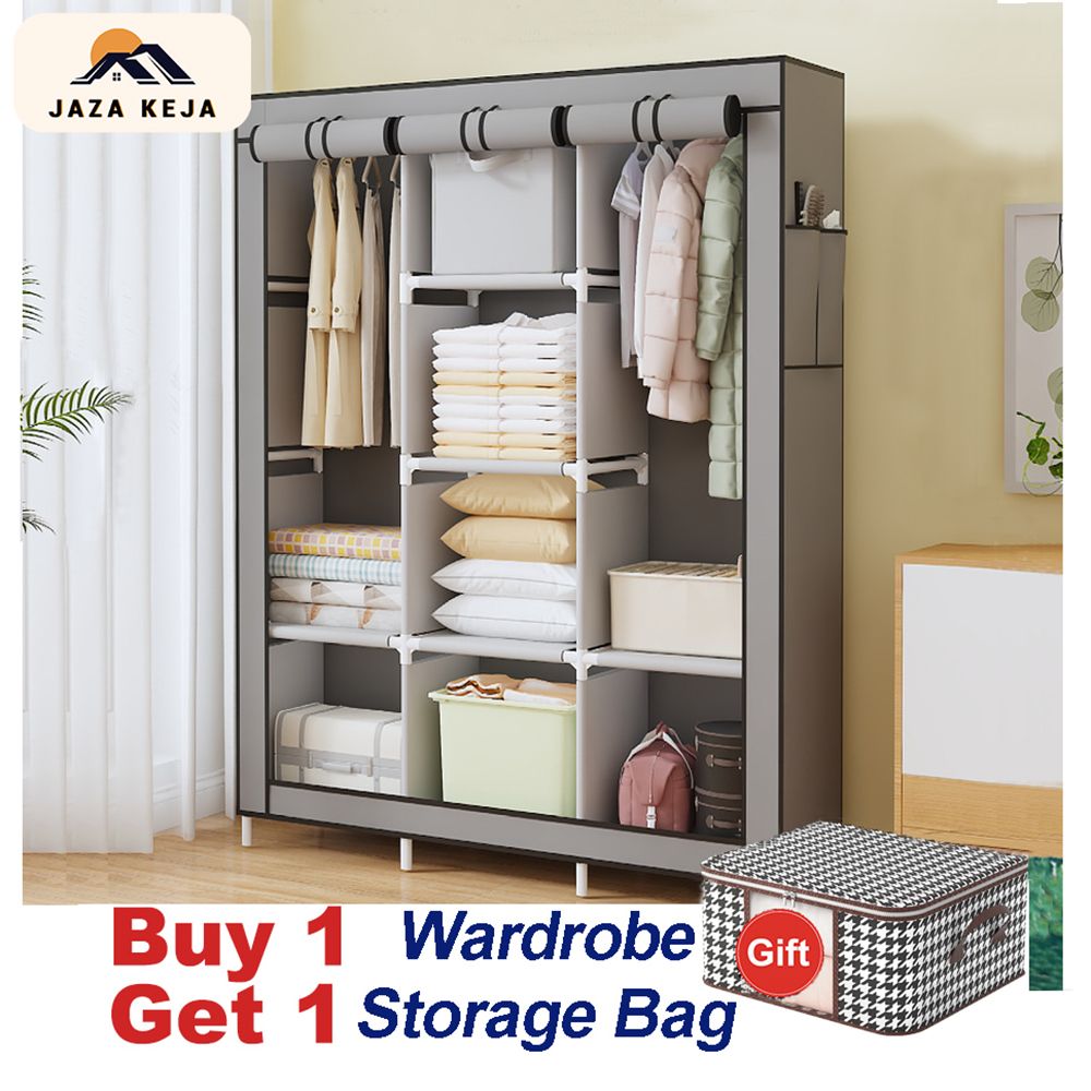 Jaza Keja 105cm Wide 3 Columns metalic Clothes Storage Portable Wardrobe Dustproof Cover Closet Durable Clothes Rack Organizer