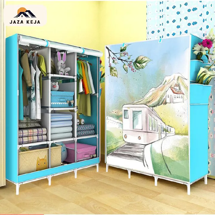 Jaza Keja Portable 3 Columns Wardrobe Closet Clothes Organizer Cartoon Cover with 6 Storage Shelves 2 Hanging Sections