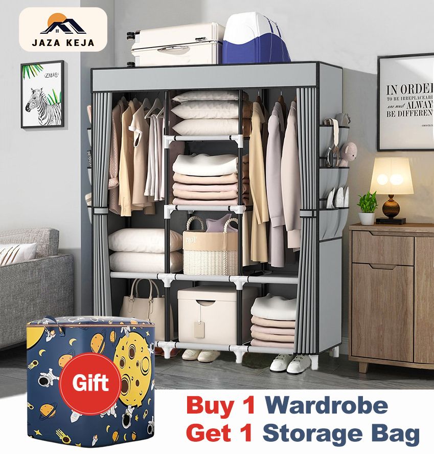 Jaza Keja 16mm 3 Columns Heavy Duty Portable Wardrobe Hanging Clothes Closet 2 Hanging Rods 6 Storage Shelves Side Pocket Metal Pipe Sturdy Free Standing Closet for Bedroom