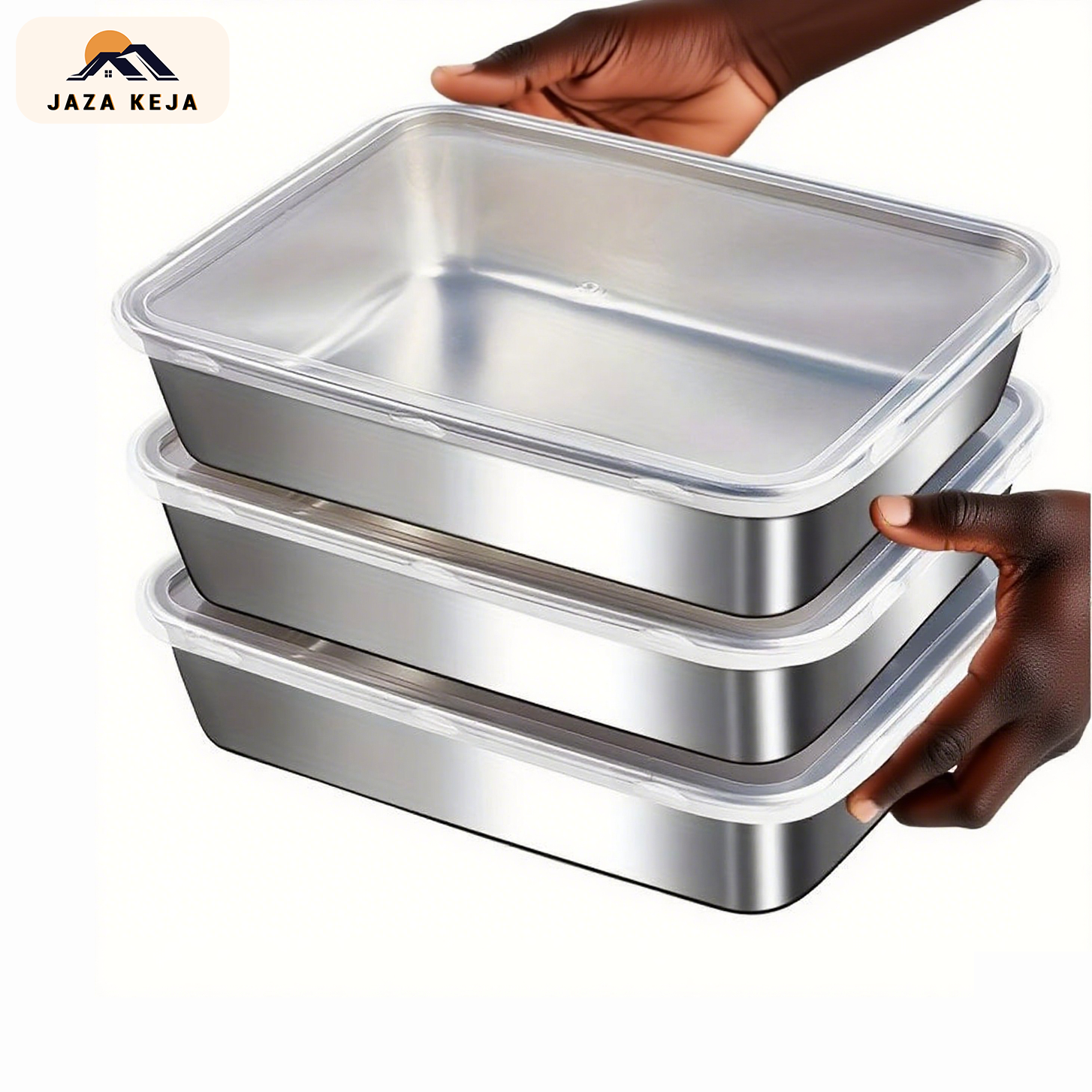 Jaza Keja 3PC Stainless Steel Food Storage Containers Baking Pan with Lids Kitchen Tray Stackable Container for Kitchen Refrigerator Organization