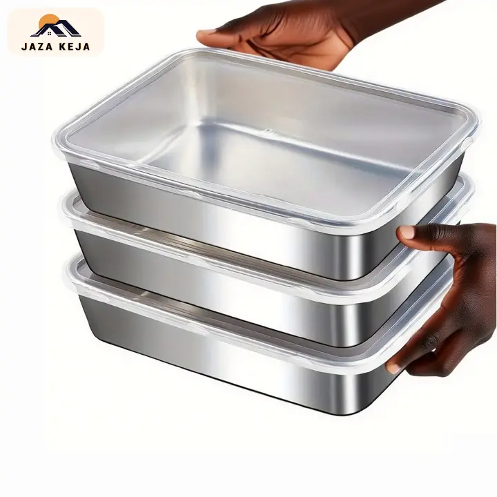 Jaza Keja 3PC Stainless Steel Food Storage Containers Baking Pan with Lids Kitchen Tray Stackable Container for Kitchen Refrigerator Organization