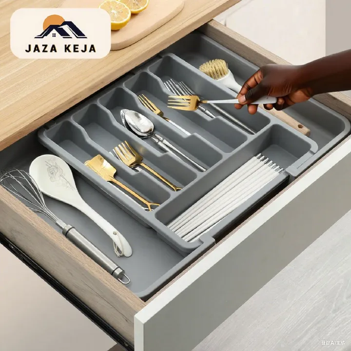 Jaza Keja 1PC Expandable Utensil Tray Kitchen Silverware Drawer Organizer Plastic BPA Free Flatware Cutlery Holder Forks Knives Storage