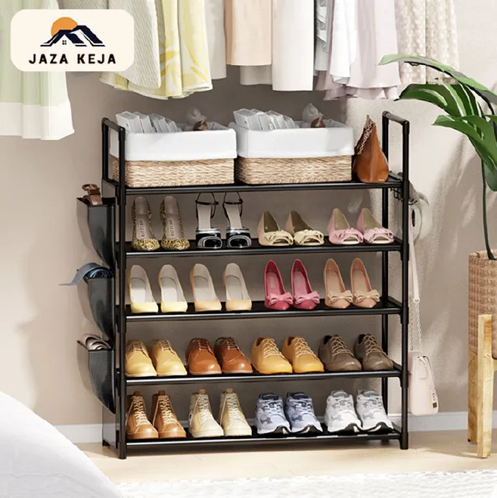 Jaza Keja 5 Layer Shoes Rack with Side Storage Bag Shoe Organizer Storage 20-25 Pairs Entryway Shoe Holder