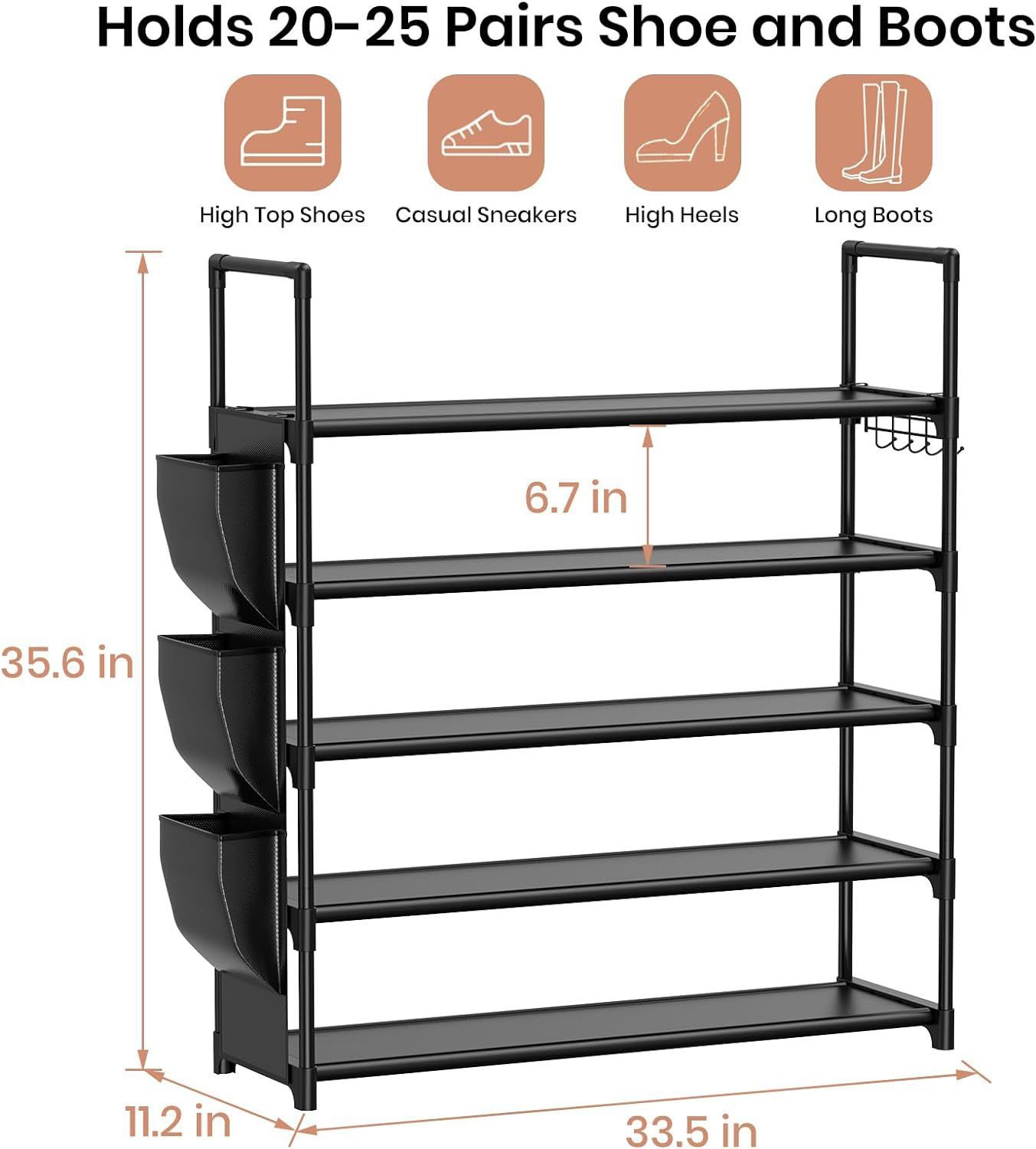 Jaza Keja 5 Layer Shoes Rack with Side Storage Bag Shoe Organizer Storage 20-25 Pairs Entryway Shoe Holder