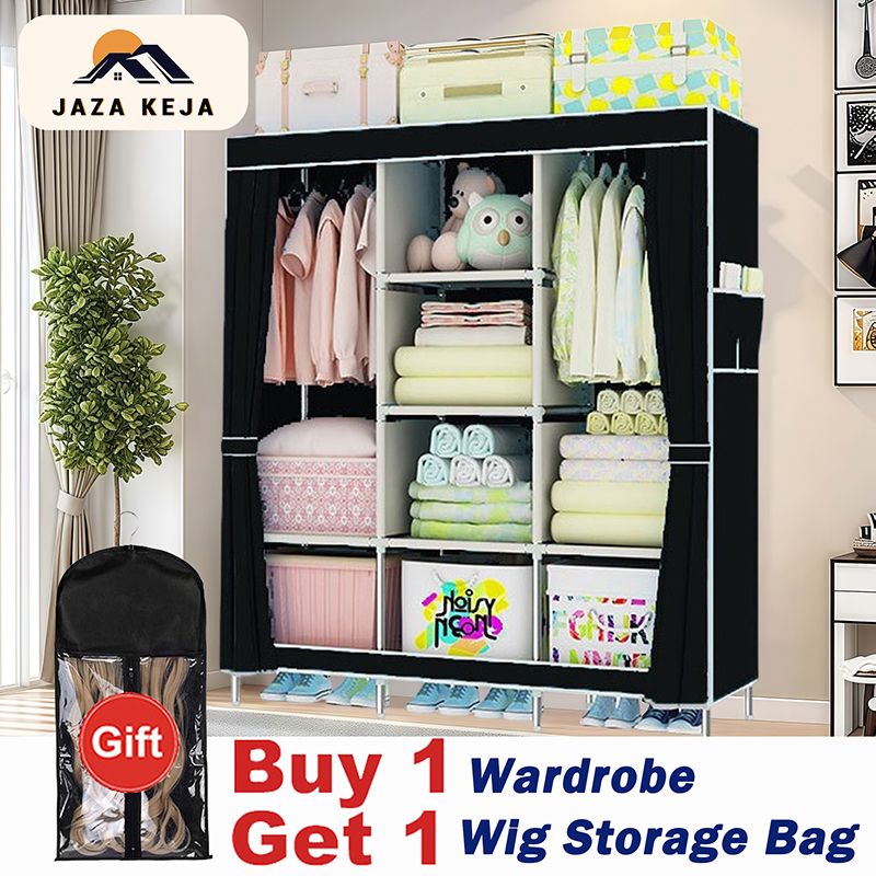 Jaza Keja 3 Columns 130 Assemble Closets Portable Metallic Portable Cloth Wardrobe with T-shaped zipper & Velcro