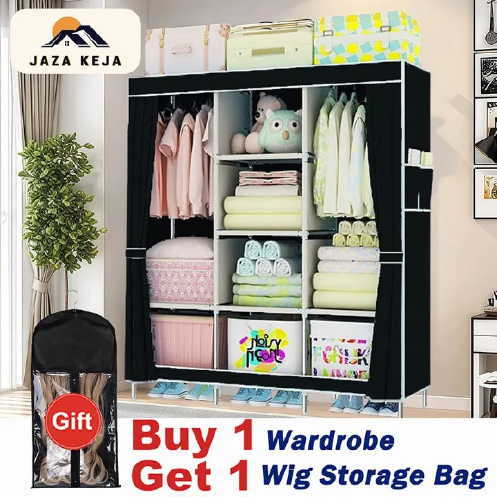 Jaza Keja 3 Columns 130 Assemble Closets Portable Metallic Portable Cloth Wardrobe with T-shaped zipper & Velcro