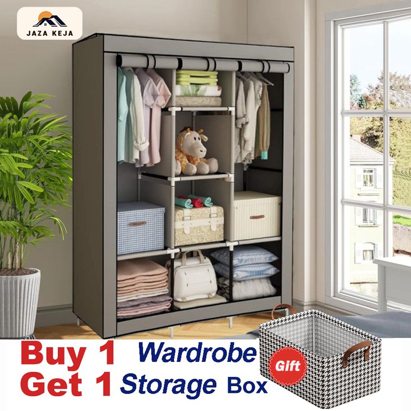 Jaza Keja 3 Columns DIY Large Capacity Metallic Wardrobe Assemble Closets Portable Home Storage with Rolling Door