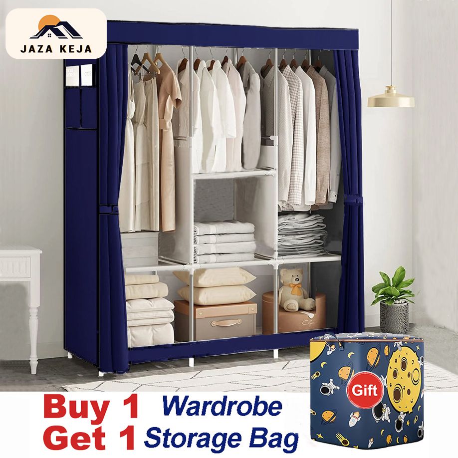 【Gift】Jaza Keja 105cm Portable 3 Columns Wardrobe Closet Clothes Metallic Organizer Non-Woven Fabric Cover with 6 Storage Shelves 2 Hanging Sections