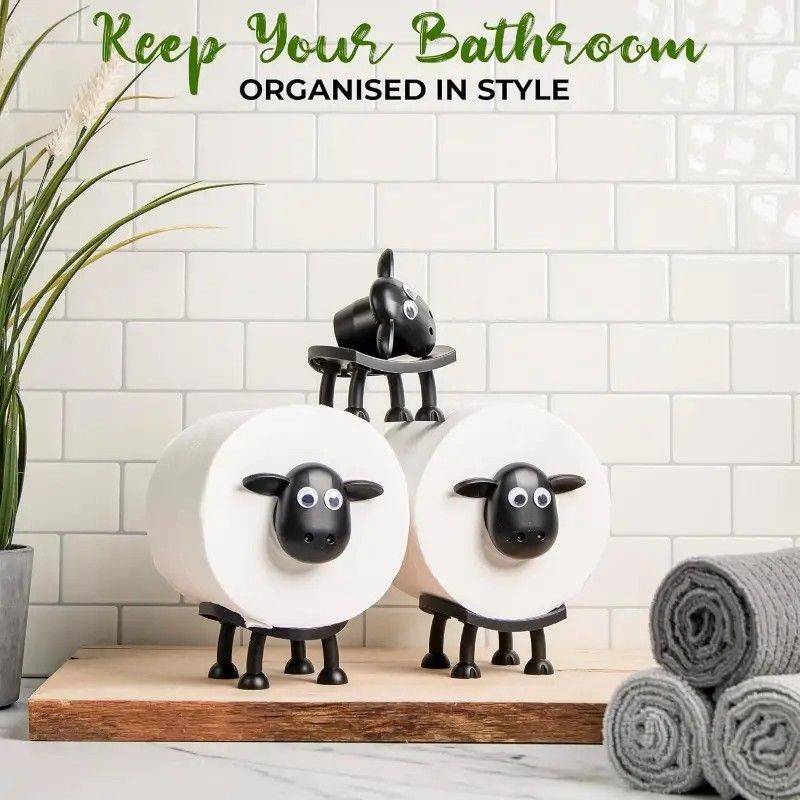 [New]Jaza Keja 3pcs Sheep Toilet Roll Holder Free Standing Bathroom Set Funny Hilarious Black Sheep Loo Roll Holder Tissue Paper Storage Cute Bathroom Decor