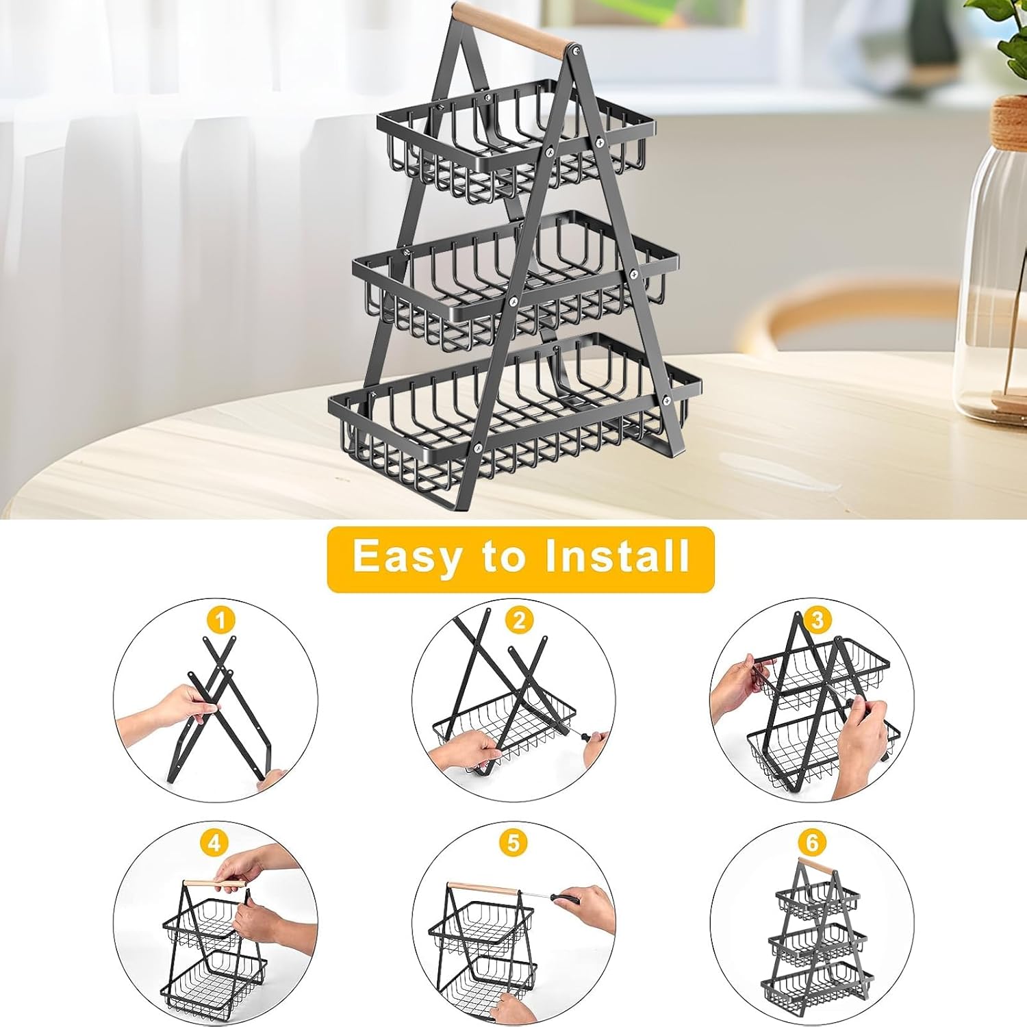 Jaza Keja 2 3 Tier Metal Storage Fruit Vegetable Basket with Wooden Handles Snack Organizer Bin for Office Countertop Rustic Black Basket Home Kitchen Pantry Coffee Pasta Bathroom Living Room