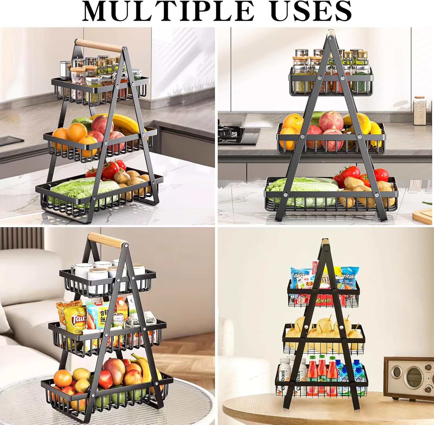 Jaza Keja 2 3 Tier Metal Storage Fruit Vegetable Basket with Wooden Handles Snack Organizer Bin for Office Countertop Rustic Black Basket Home Kitchen Pantry Coffee Pasta Bathroom Living Room