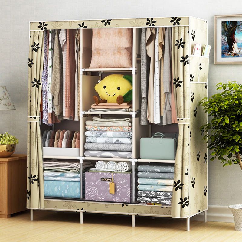 Jaza Keja 105cm 3 Columns T Zip Portable Wardrobe Black Gold Closet Clothes Metallic Organizer Non-Woven Fabric Cover with 6 Storage Shelves 2 Hanging Sections