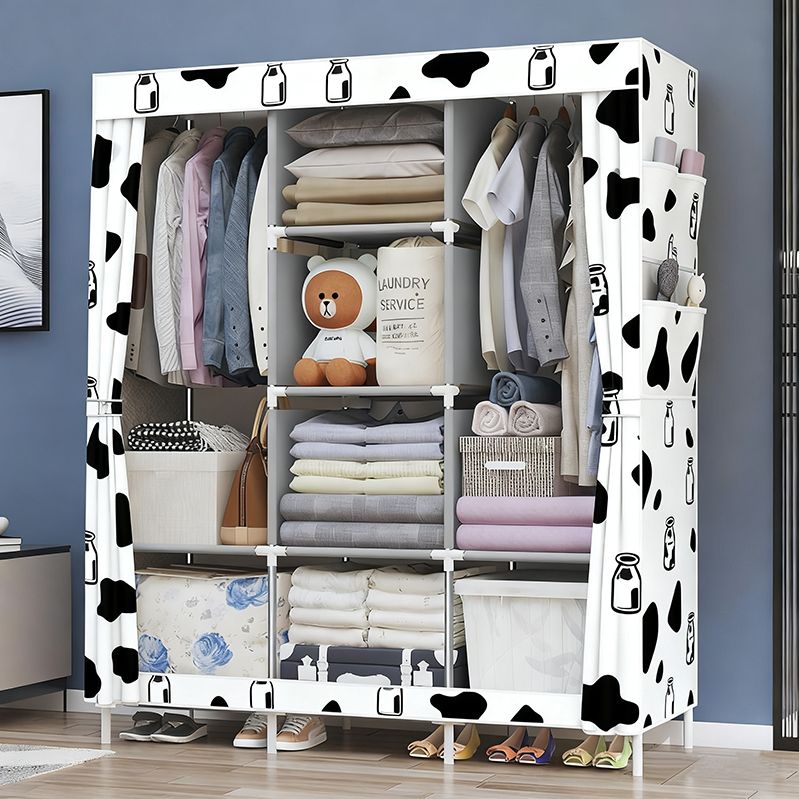 Jaza Keja 105cm 3 Columns T Zip Portable Wardrobe Black Gold Closet Clothes Metallic Organizer Non-Woven Fabric Cover with 6 Storage Shelves 2 Hanging Sections