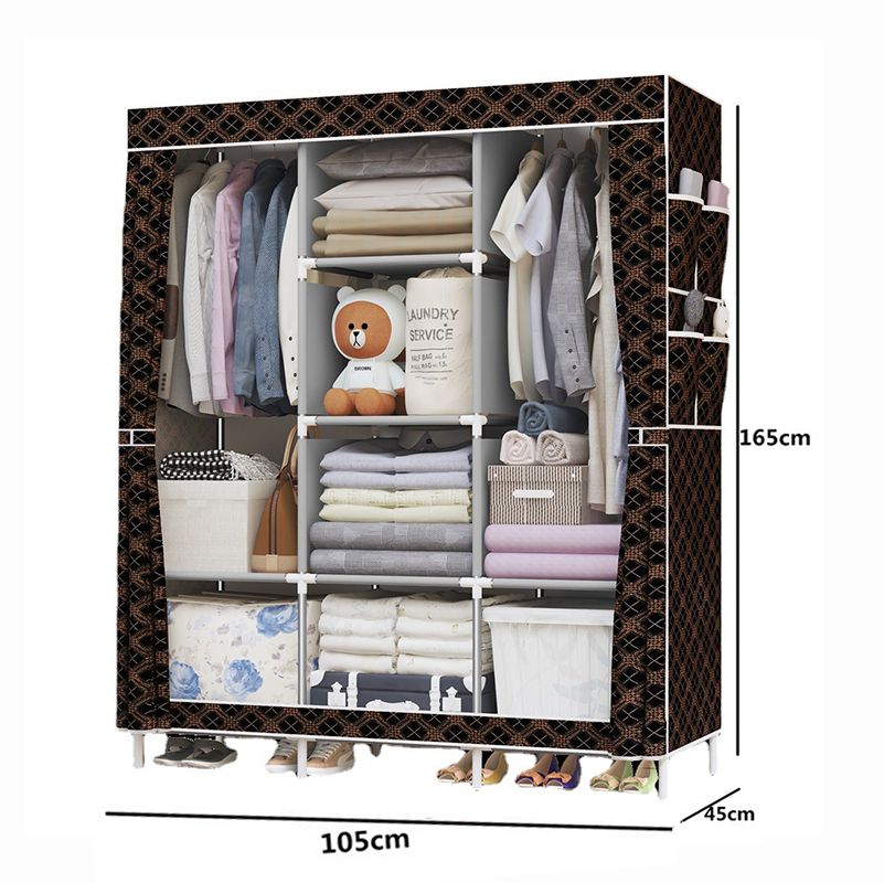 Jaza Keja 105cm 3 Columns T Zip Portable Wardrobe Black Gold Closet Clothes Metallic Organizer Non-Woven Fabric Cover with 6 Storage Shelves 2 Hanging Sections
