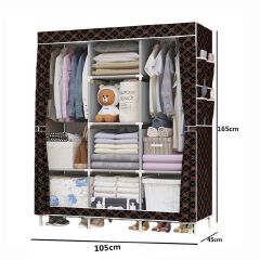 [Sale]Jaza Keja 105cm 3 Columns T Zip Portable Wardrobe Black Gold Closet Clothes Metallic Organizer Non-Woven Fabric Cover with 6 Storage Shelves 2 Hanging Sections