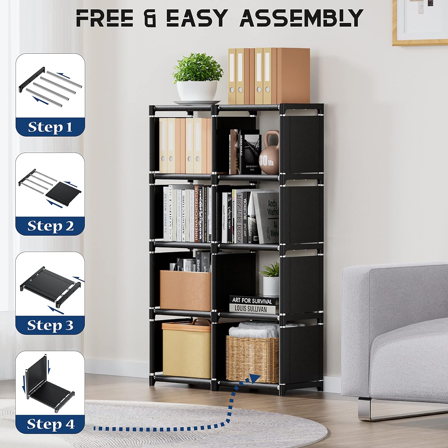 Jaza Keja 8 Cube Book Shelf Organizer 2 Columns Portable Wardrobe DIY Space-Saving Easy Assembly Bookcase Storage Locker Holders