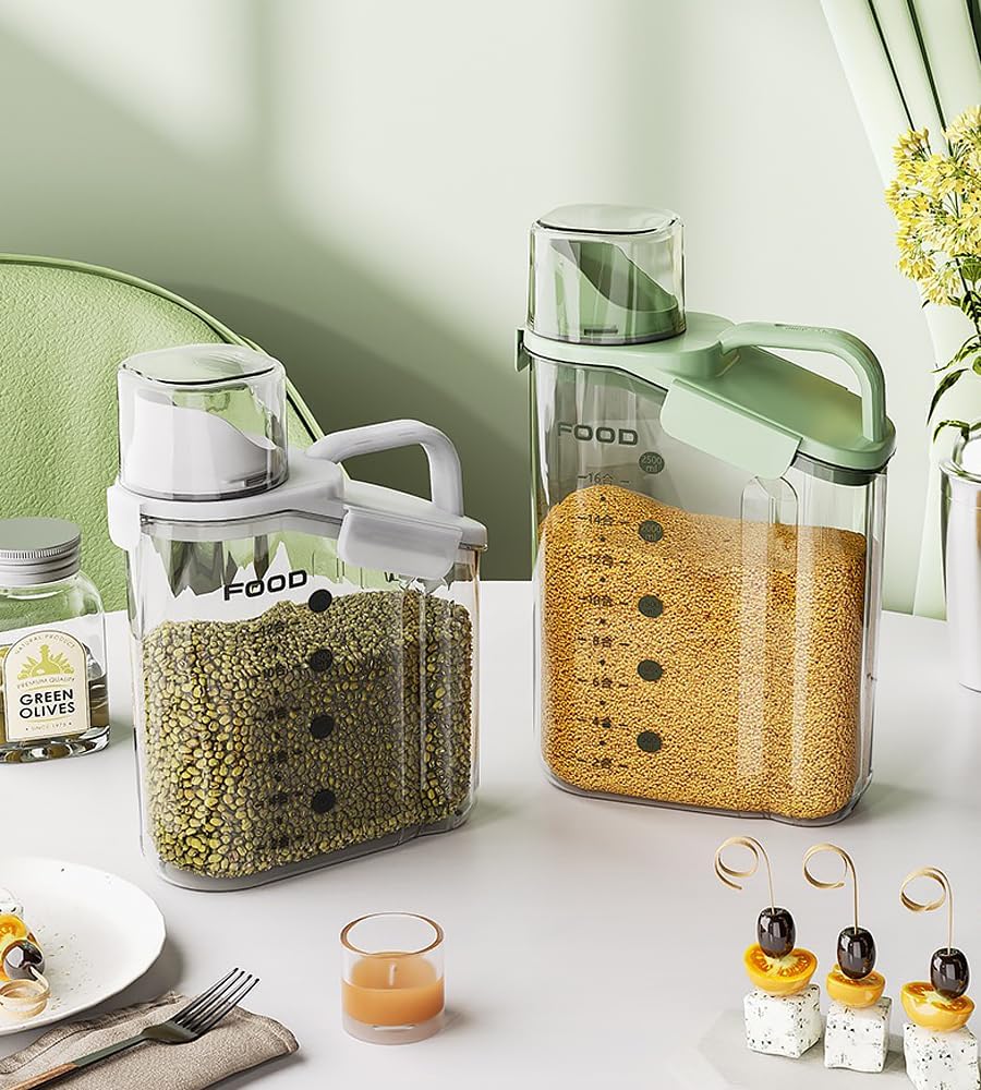 Jaza Keja 2L Food Container Large Grain Sealed Container Storage with Lid Measuring Cylinder Pouring Port Household Cereal Dispenser Bucket for Kitchen Soybean Corn