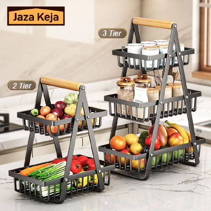 Jaza Keja 2 3 Tier Metal Storage Fruit Vegetable Basket with Wooden Handles Snack Organizer Bin for Office Countertop Rustic Black Basket Home Kitchen Pantry Coffee Pasta Bathroom Living Room