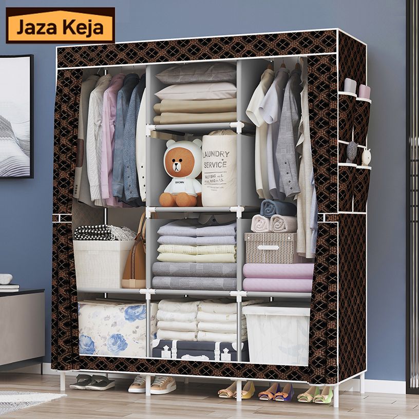 Jaza Keja 105cm 3 Columns T Zip Portable Wardrobe Black Gold Closet Clothes Metallic Organizer Non-Woven Fabric Cover with 6 Storage Shelves 2 Hanging Sections