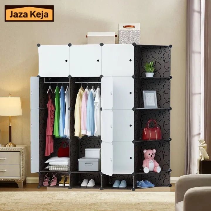 Jaza Keja 4 Columns Plastic Large Portable Wardrobe Closet with Shoe Rack Corner Bookshelf Cabinet Wardrobe