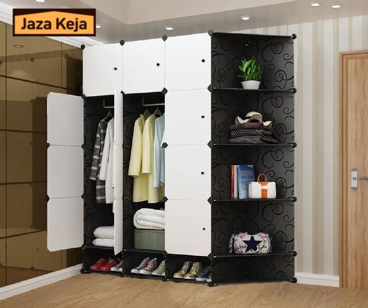 Jaza Keja 4 Columns Plastic Large Portable Wardrobe Closet with Shoe Rack Corner Bookshelf Cabinet Wardrobe