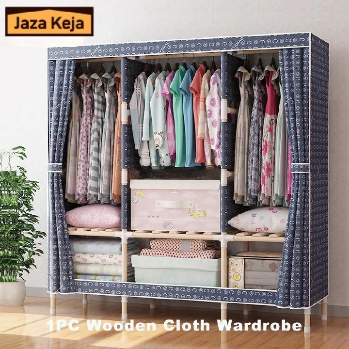Jaza Keja 150cm Wide Portable Wooden Frame Wardrobe Oxford Cloth Large Storage Cabinets Wardrobe