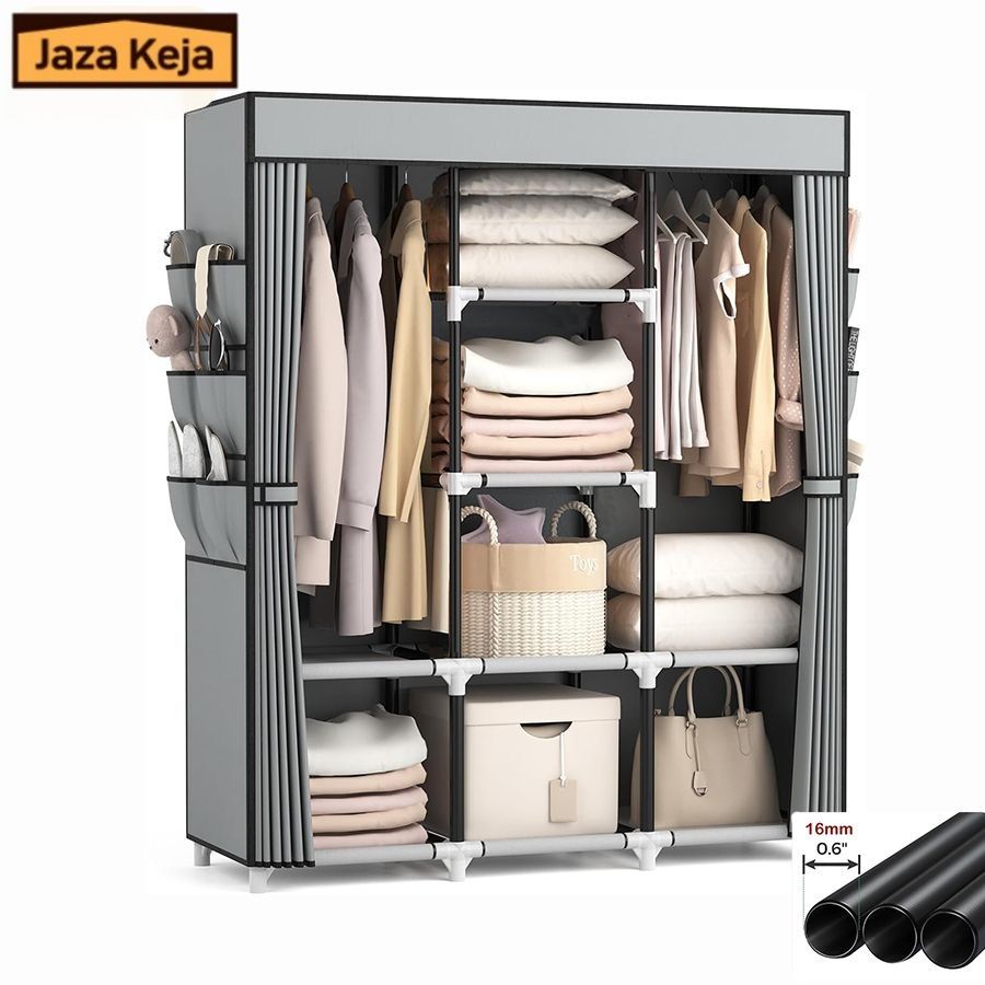 Jaza Keja 16mm 3 Columns Heavy Duty Portable Wardrobe Hanging Clothes Closet 2 Hanging Rods 6 Storage Shelves Side Pocket Metal Pipe Sturdy Free Standing Closet for Bedroom