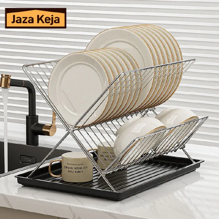 Jaza Keja Chrome Stainless Steel Foldable X Shaped Dish Drying Rack with Drip Tray Drain 2 Tier Dish Drainer Rack Collapsible Dish Drainer