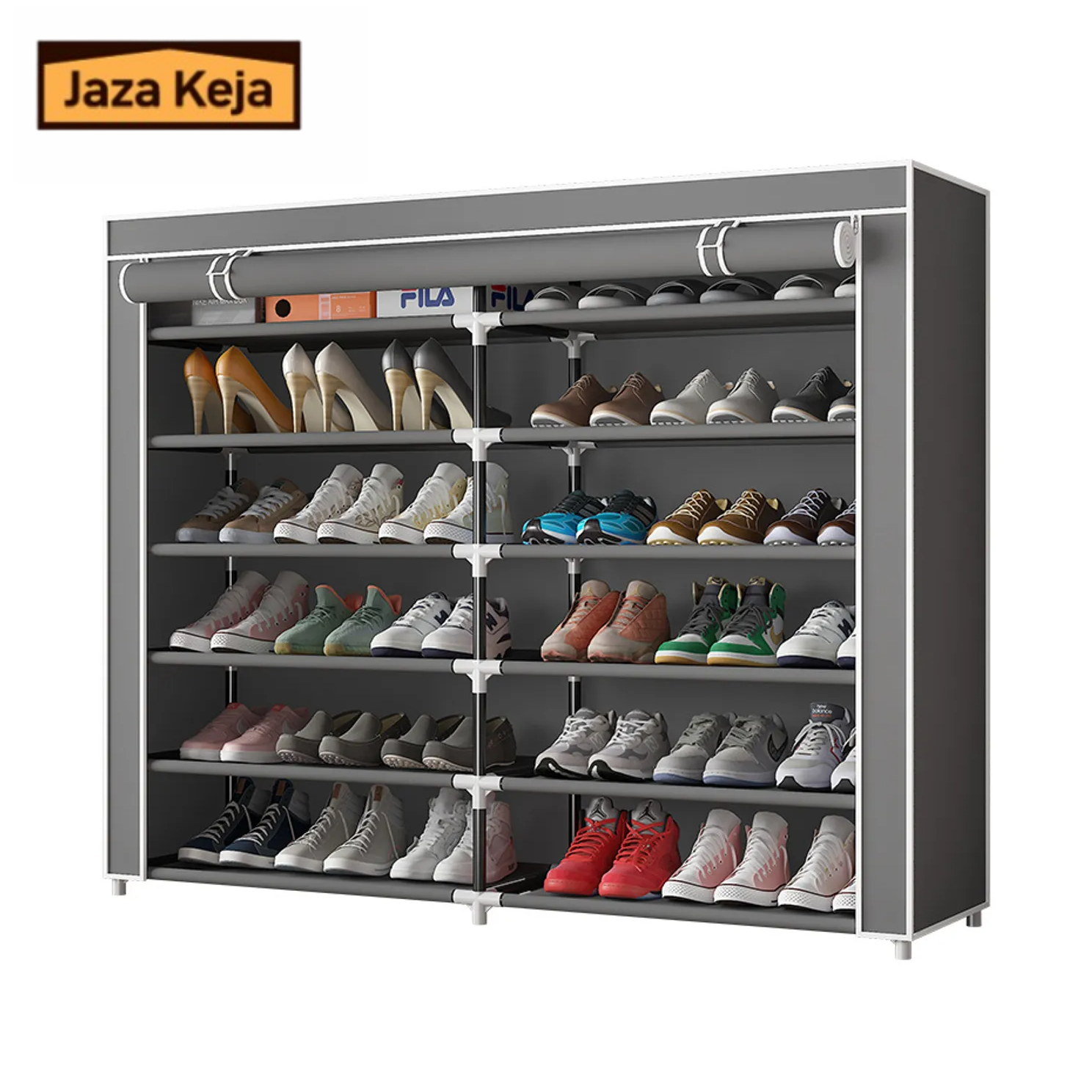 Jaza Keja 6 Tier Shoe Rack Storage Organizer 36 Pairs Portable Double Row Dustproof Cover Non-Woven Shoe Storage Cabinet