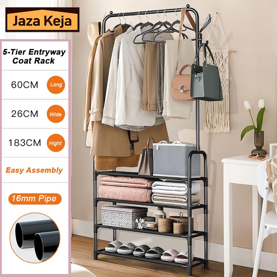Jaza Keja 5 Tier Coat Rack Hall Tree Entryway Shoes Rack Metallic Shelf Coat Wardrobe Rack for Home Office Bedroom Mudroom Living Room