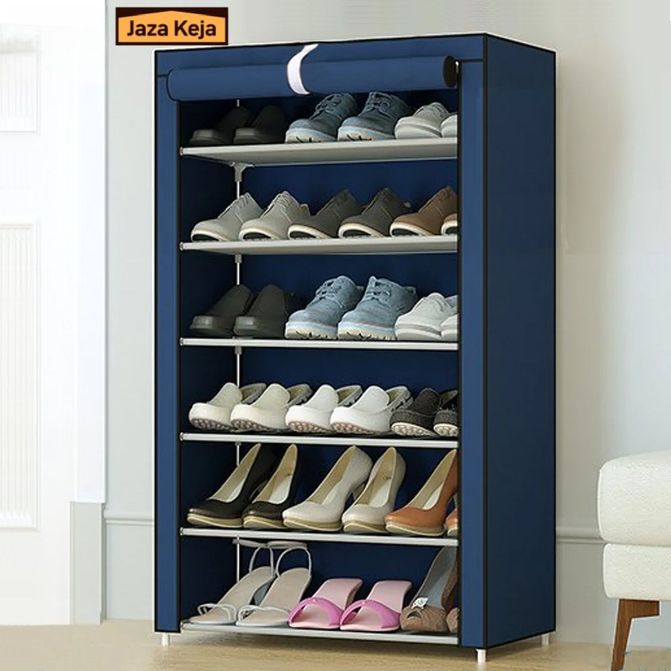 Jaza Keja 6 Layers Shoes Rack With Dustproof Curtain Free Standing Shoes Rack Easy Assembled Shoes Storage Shelf