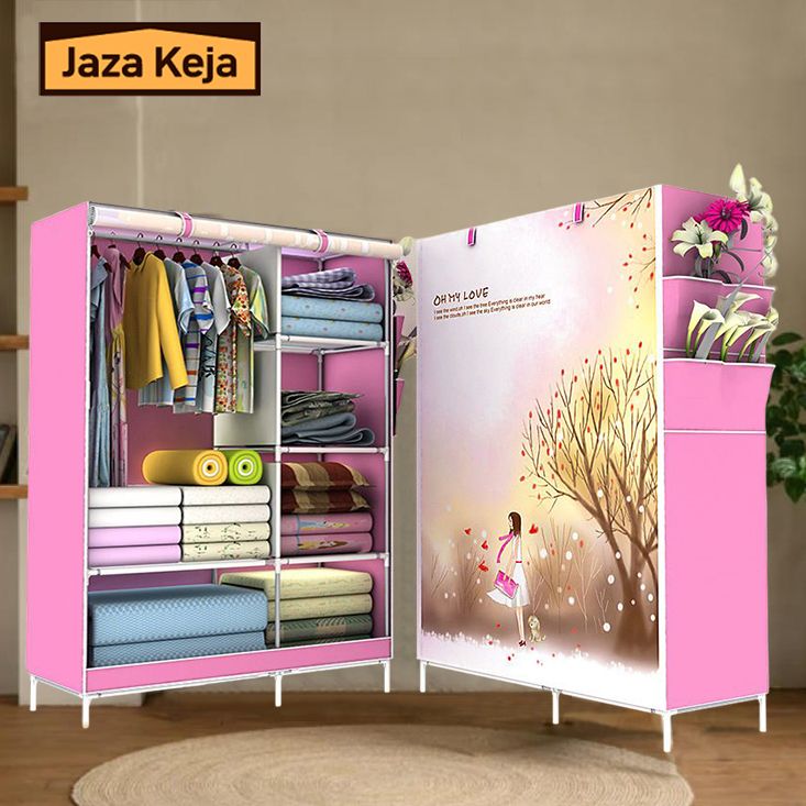 Jaza Keja 2 Columns Metalic Portable Wardrobe Cartoon Non-Woven Cloth Storage Cabinet Easy to Assemble Steel Tube Reinforced closet Clothes Organizer