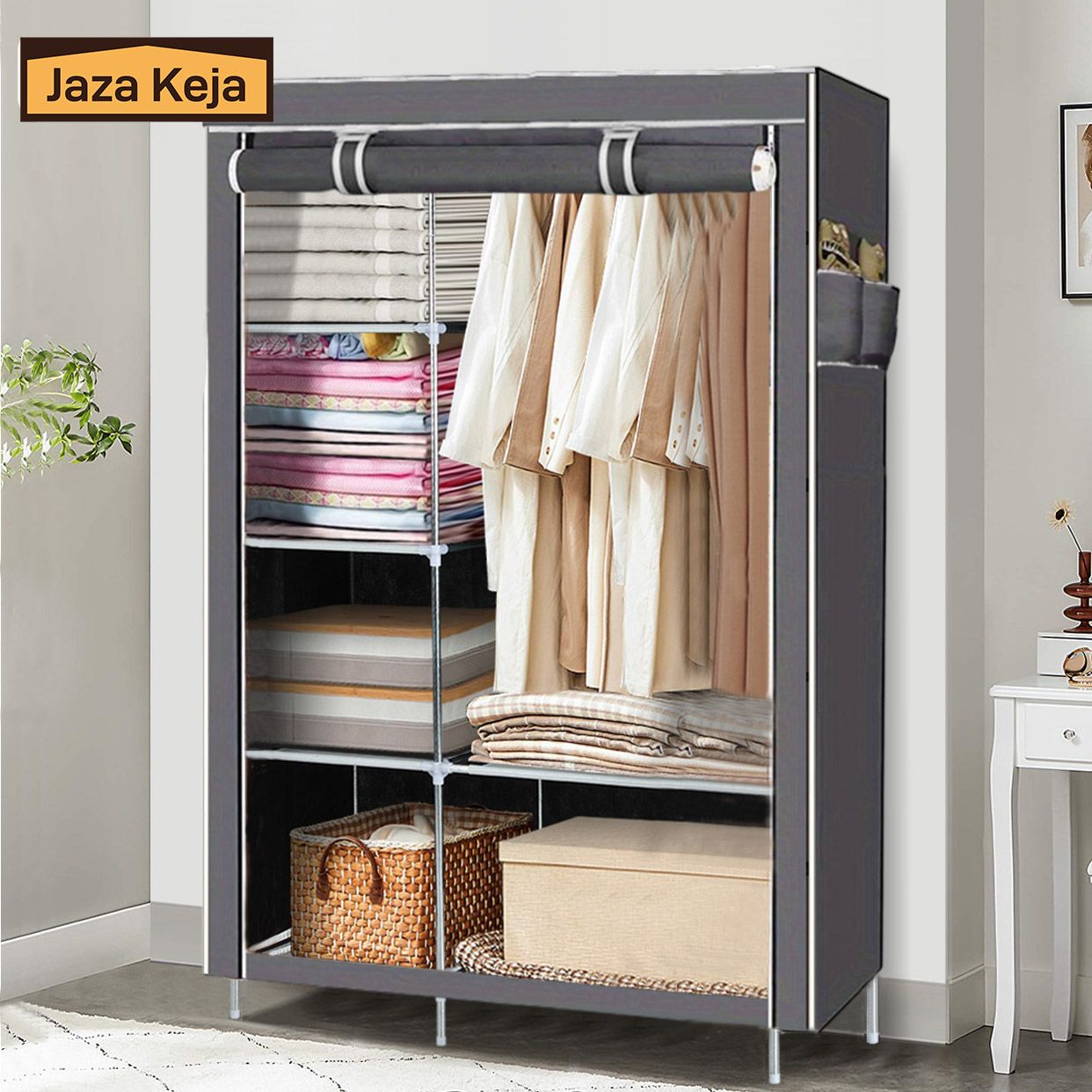 Jaza Keja Portable 2 Columns Wardrobe Closet Clothes Storage Organization Metallic Organizer Non-Woven Fabric Cover with 6 Storage Shelves 2 Hanging Sections