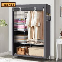 [Sale]Jaza Keja Portable 2 Columns Wardrobe Closet Clothes Storage Organization Metallic Organizer Non-Woven Fabric Cover with 6 Storage Shelves 2 Hanging Sections