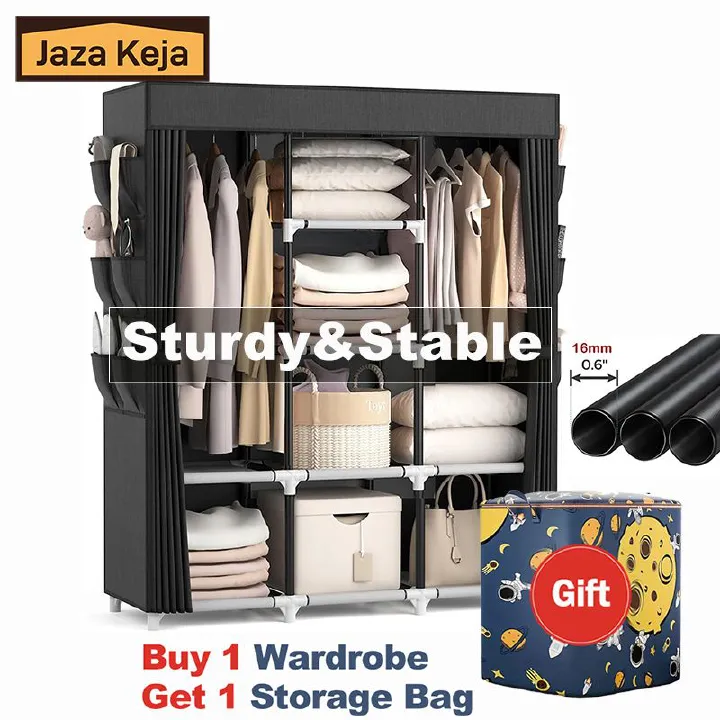 Jaza Keja 16mm 3 Columns Heavy Duty Portable Wardrobe Hanging Clothes Closet 2 Hanging Rods 6 Storage Shelves Side Pocket Metal Pipe Sturdy Free Standing Closet for Bedroom