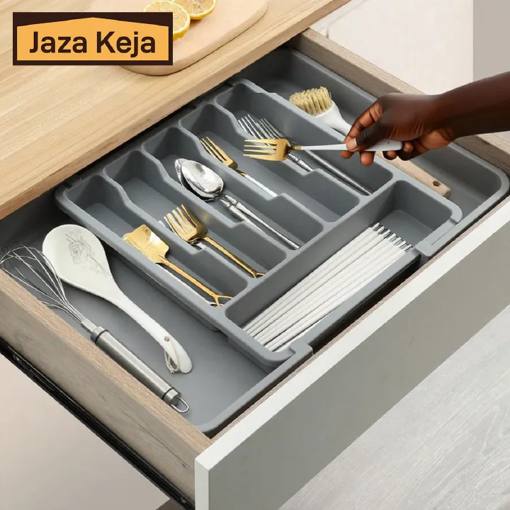Jaza Keja 1PC Expandable Utensil Tray Kitchen Silverware Drawer Organizer Plastic BPA Free Flatware Cutlery Holder Forks Knives Storage