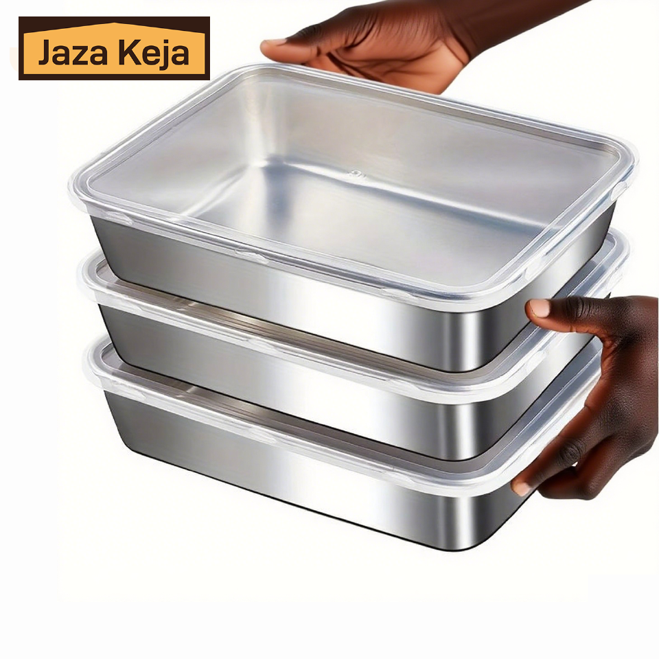 Jaza Keja 3PC Stainless Steel Food Storage Containers Baking Pan with Lids Kitchen Tray Stackable Container for Kitchen Refrigerator Organization