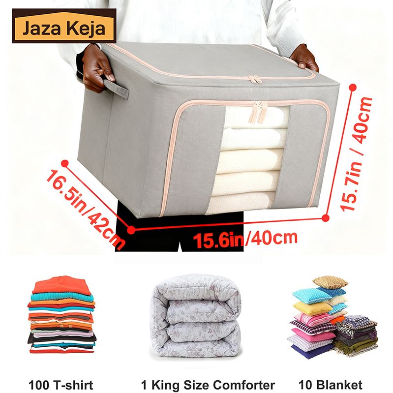 Jaza Keja 1PC 100L Foldable Clothes Storage Bins Box Stackable Metal Frame Oxford Closet Organizer Clear Window Thick Fabric for Seasonal Clothing
