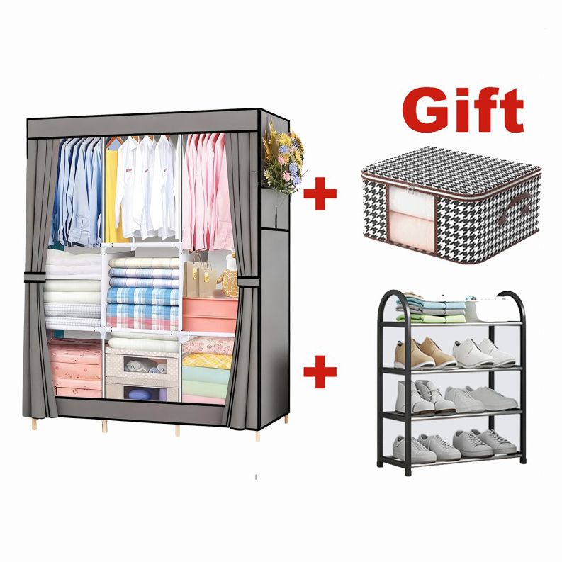 [Gift] Jaza Keja 105cm Portable 3 Columns Wardrobe Closet Clothes Metallic Organizer Non-Woven Fabric Cover with 6 Storage Shelves 2 Hanging Sections