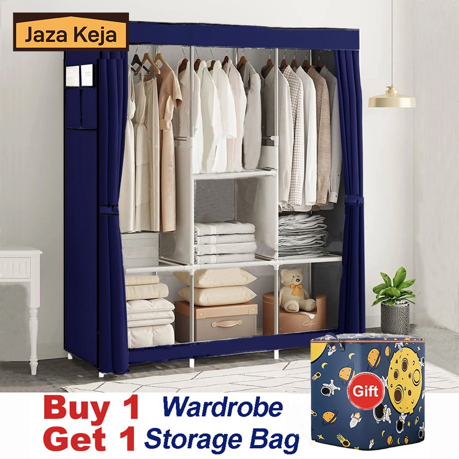 [Gift] Jaza Keja 105cm Portable 3 Columns Wardrobe Closet Clothes Metallic Organizer Non-Woven Fabric Cover with 6 Storage Shelves 2 Hanging Sections